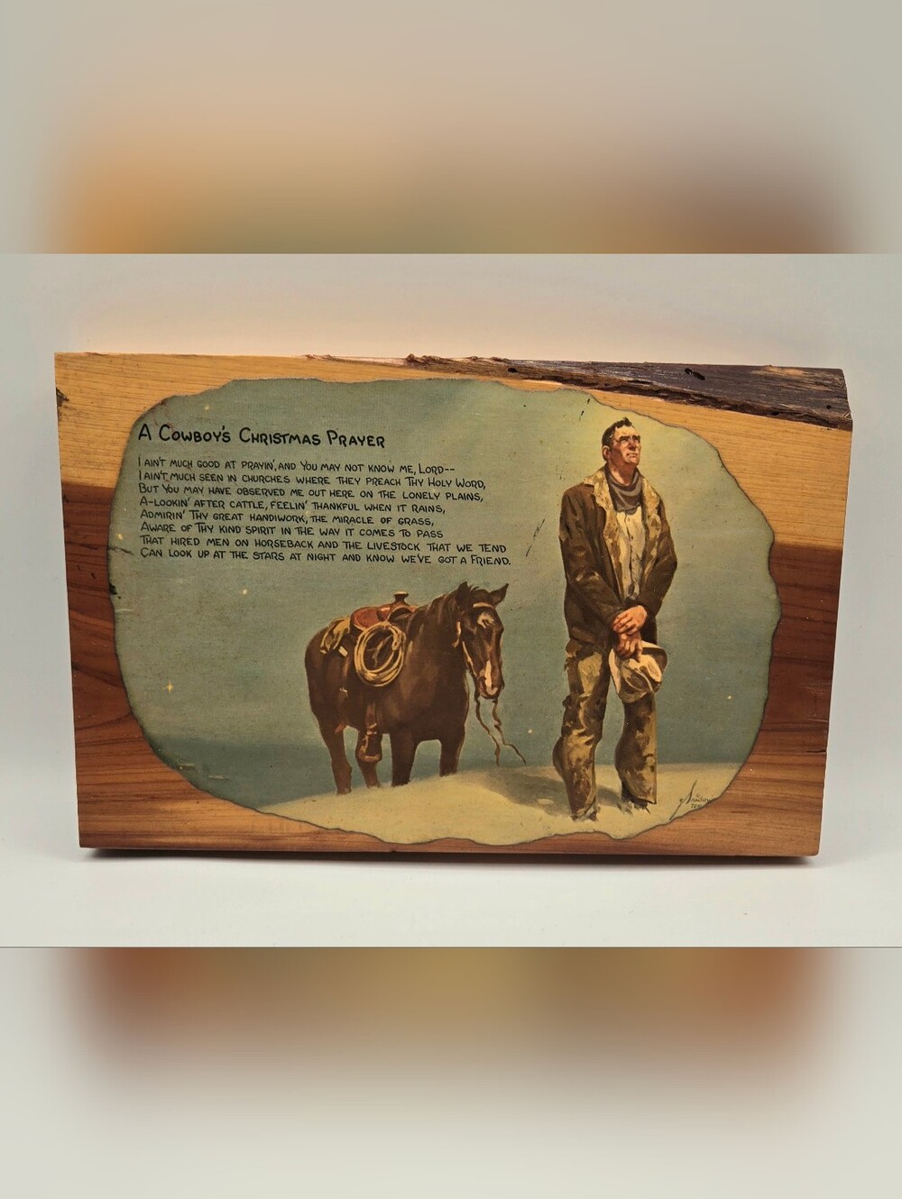 Vintage Rustic Handcrafted Decoupage Wooden "A Cowboy's Christmas Prayer" Decor